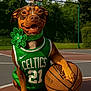 dog, basketball, basketball_court, sportswear, green_jersey, celtics, outdoor, pet, smiling_dog, animal, paw, collar, flower_accessory, summer, daylight, recreation, happy, playful, team_spirit, court