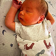 August is registered to the contest to win money with this photo: newborn, baby, sleeping, blanket, footprints, quilt, stars, moon, infant, child, peaceful, resting, soft, cute, portrait, closeup, indoors, clothing, wrapped, head