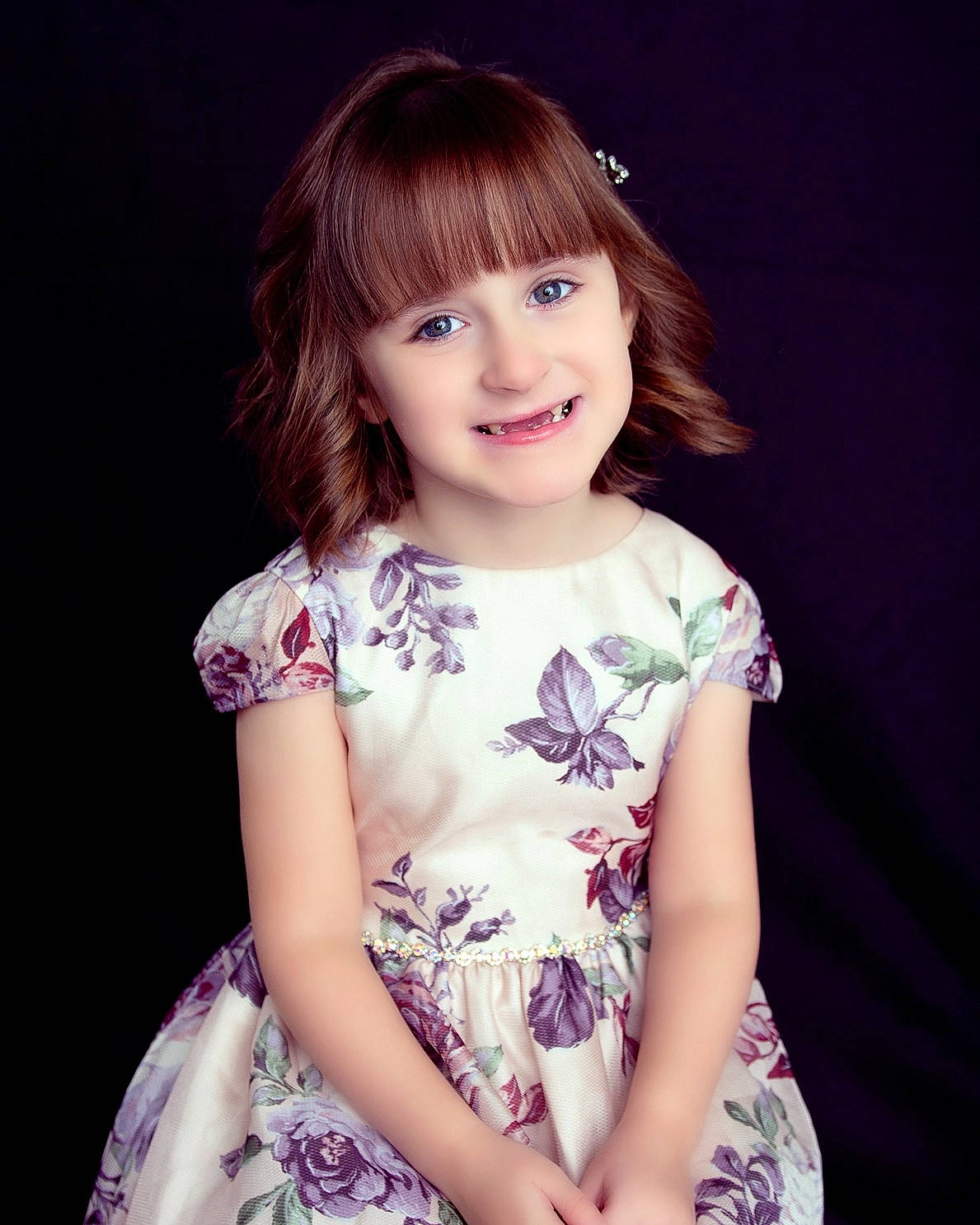 Kinslee is registered to the contest to win money with this photo: bangs, beauty, cheek, day_dress, dress, eyelash, fashion, flash_photography, happy, iris, joy, long_hair, magenta, one_piece_garment, person, pink, plant, purple, skin, sleeve