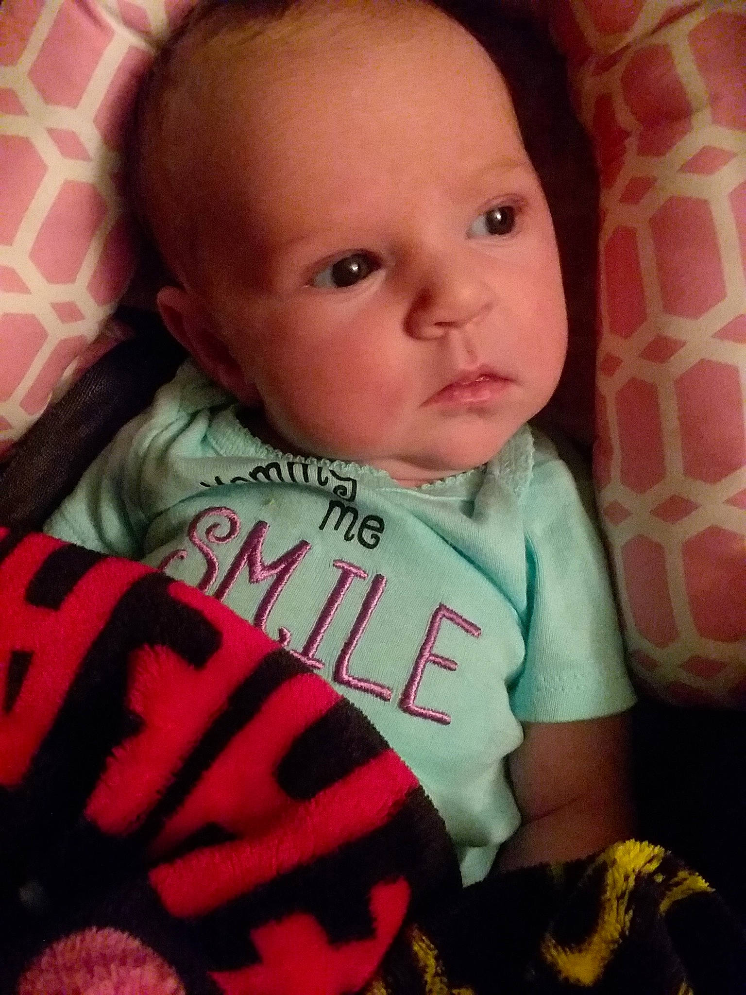 Kinslee is registered to the contest to win money with this photo: baby, baby_toddler_clothing, beauty, cheek, child, cool, ear, eye, face, forehead, head, iris, lip, mouth, nose, person, pink, skin, smile, textile