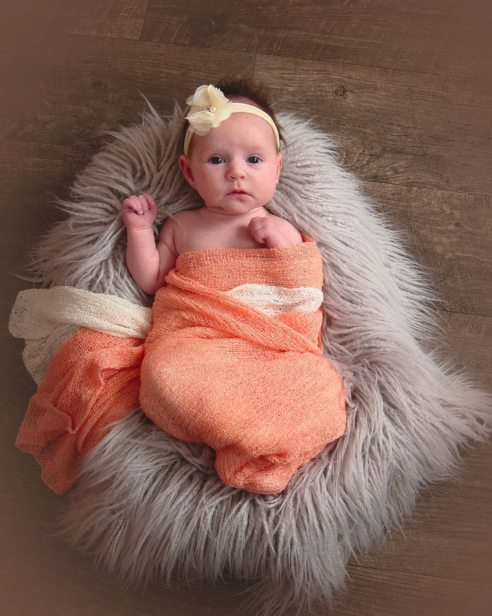 Kinslee is registered to the contest to win money with this photo: baby, child, costume, doll, dress, face, fur, fur_clothing, head, headgear, peach, person, pink, skin, toddler, toy
