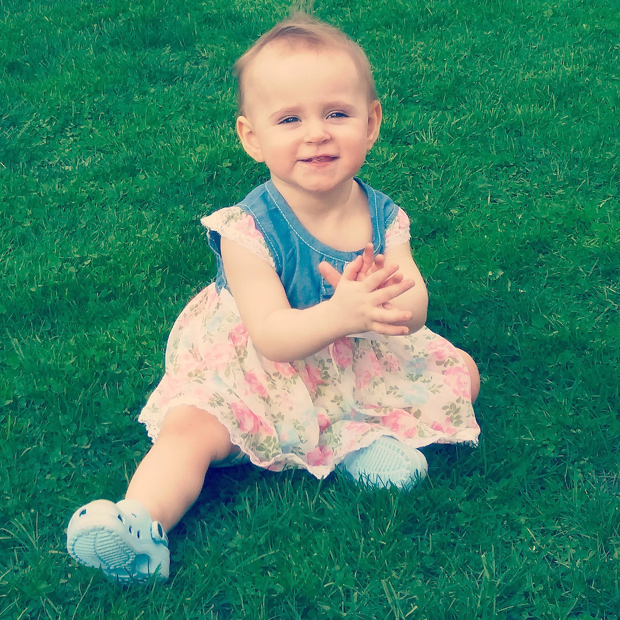 Kinslee Rae joined the competition — help win amazing prizes! baby, baby_toddler_clothing, child, dress, fun, grass, green, happy, head, joy, lawn, person, pink, plant, play, sitting, skin, smile, summer, toddler