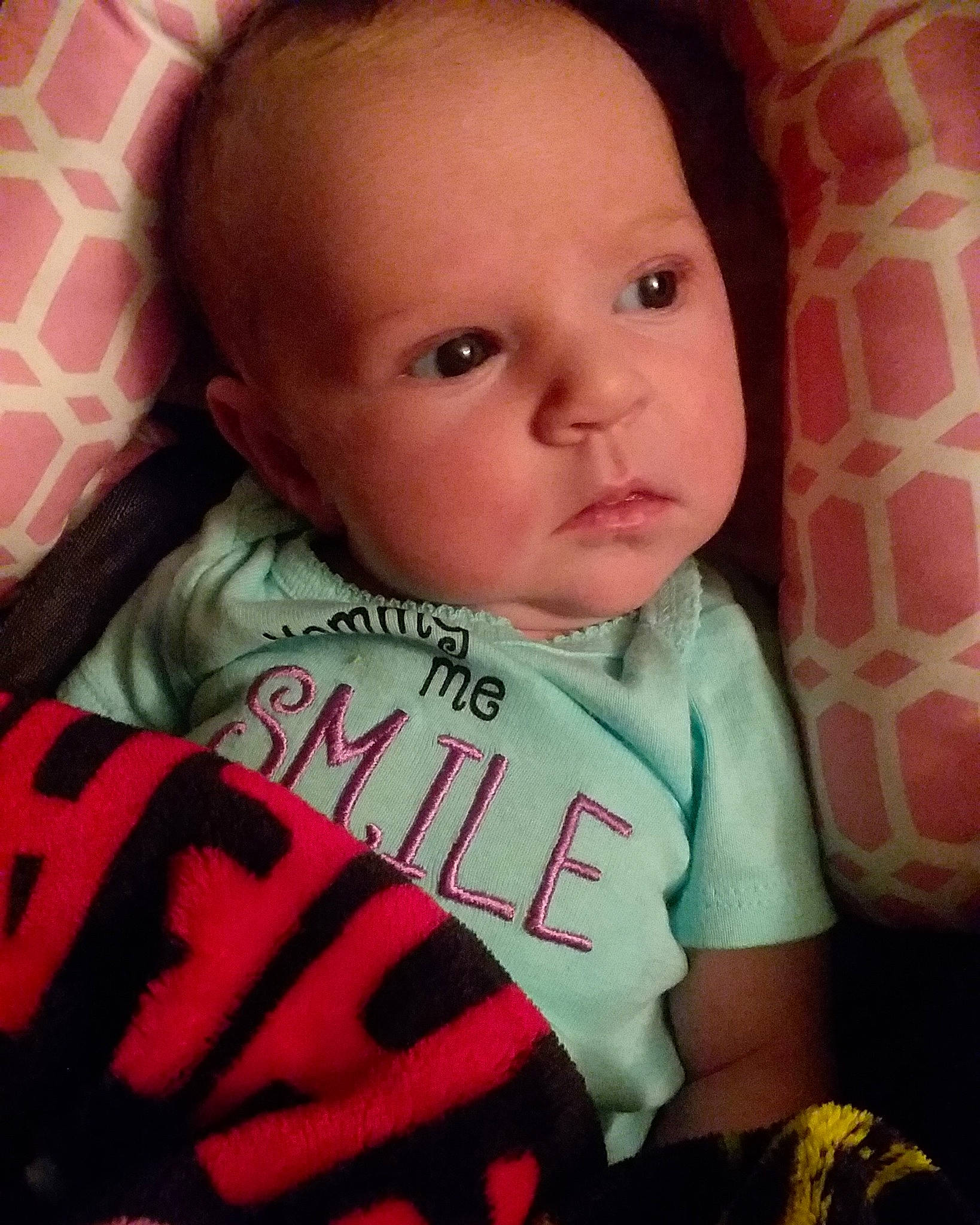 Kinslee is registered to the contest to win money with this photo: baby, cheek, child, cool, ear, eye, face, forehead, head, iris, lip, mouth, nose, person, pink, skin, smile, toddler