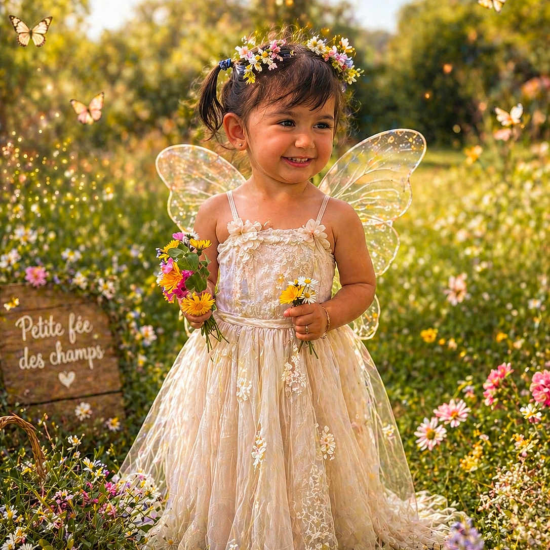 Jade a rejoint le concours — aidez-le/la à gagner de superbes lots ! child, girl, flower_crown, fairy_wings, dress, flowers, butterflies, meadow, sunlight, smile, outdoor, nature, greenery, basket, grass, portrait, happy, spring, cute, fantasy