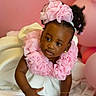 accessories, baby, background, balloons, child, crawling, cute, dress, earrings, flowers, hair, hand, happy, headband, indoors, pink, portrait, skin, smiling, toddler