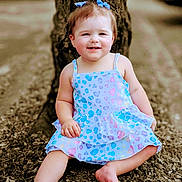 Maylin joined the competition — help win amazing prizes! baby, barefoot, blue_bows, child, colorful_clothing, cute, dress, grass, happy, leaves, nature, outdoor, person, portrait, sitting, skin, smiling, toddler, tree_trunk, young_child