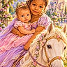 Isabella is registered to the contest to win money with this photo: children, baby, toddler, sisters, princess, tiara, dress, pink, purple, smiling, portrait, horse, white_horse, flowers, castle, storybook, fantasy, outdoor, royal, family