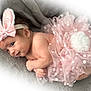 baby, infant, tutu, pink, polka_dots, headband, bunny_ears, blanket, soft_texture, cute, lying_down, smile, newborn, infant_clothing, portrait, child, adorable, closeup, indoors, baby_fashion