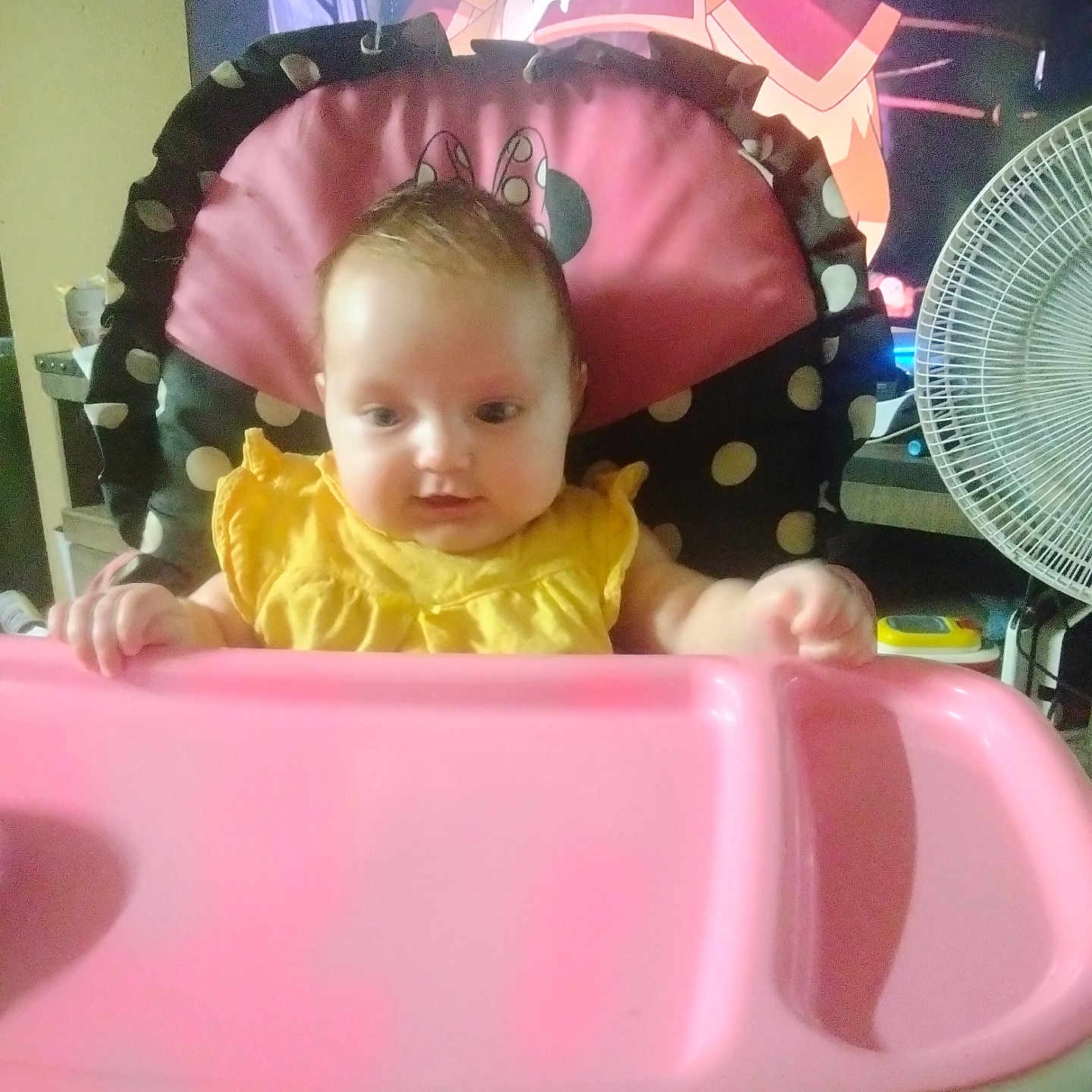 Jade joined the competition — help win amazing prizes! baby, chair, clothing, crib, cushion, cutlery, face, furniture, hat, head, homedecor, indoors, infantbed, lighting, person, photography, portrait, purple, spoon, toy