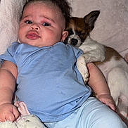 Iris a rejoint le concours — aidez-le/la à gagner de superbes lots ! animal, baby, blanket, blue_clothing, child, comfort, cozy, cuddling, cute, indoor, infant, person, pet, portrait, puppy, resting, sleeping_dog, snuggling, soft_toy, toddler