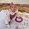 baby, child, sitting, portrait, wide_eyed, headband, flower, floral_outfit, dress, socks, blanket, play_mat, bedding, indoors, patterned_background, infant, cute, looking_at_camera, floor, photography