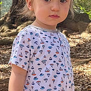 Noah is registered to the contest to win money with this photo: toddler, child, outdoor, tree, onesie, leaf, nature, sunlight, forest_floor, baby, patterned_clothing, standing, young_child, casual, daylight, curious, cute, portrait, leaves, trees