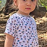 toddler, child, outdoor, tree, onesie, leaf, nature, sunlight, forest_floor, baby, patterned_clothing, standing, young_child, casual, daylight, curious, cute, portrait, leaves, trees