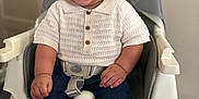 Trevell joined the competition — help win amazing prizes! baby, child, high_chair, smiling, dimples, white_shirt, knitwear, blue_jeans, sneakers, indoor, happy, seatbelt, cute, portrait, young_child, furniture, person, hands, eyes, face