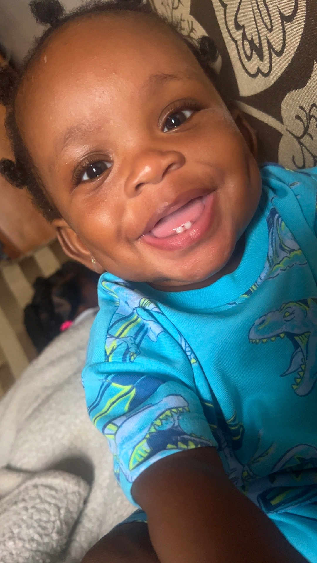 Major joined the competition — help win amazing prizes! toddler, smiling, child, blue_shirt, dinosaur_print, happy, face, teeth, indoor, cute, portrait, person, young_child, skin, hair, clothing, baby, expression, closeup, joy