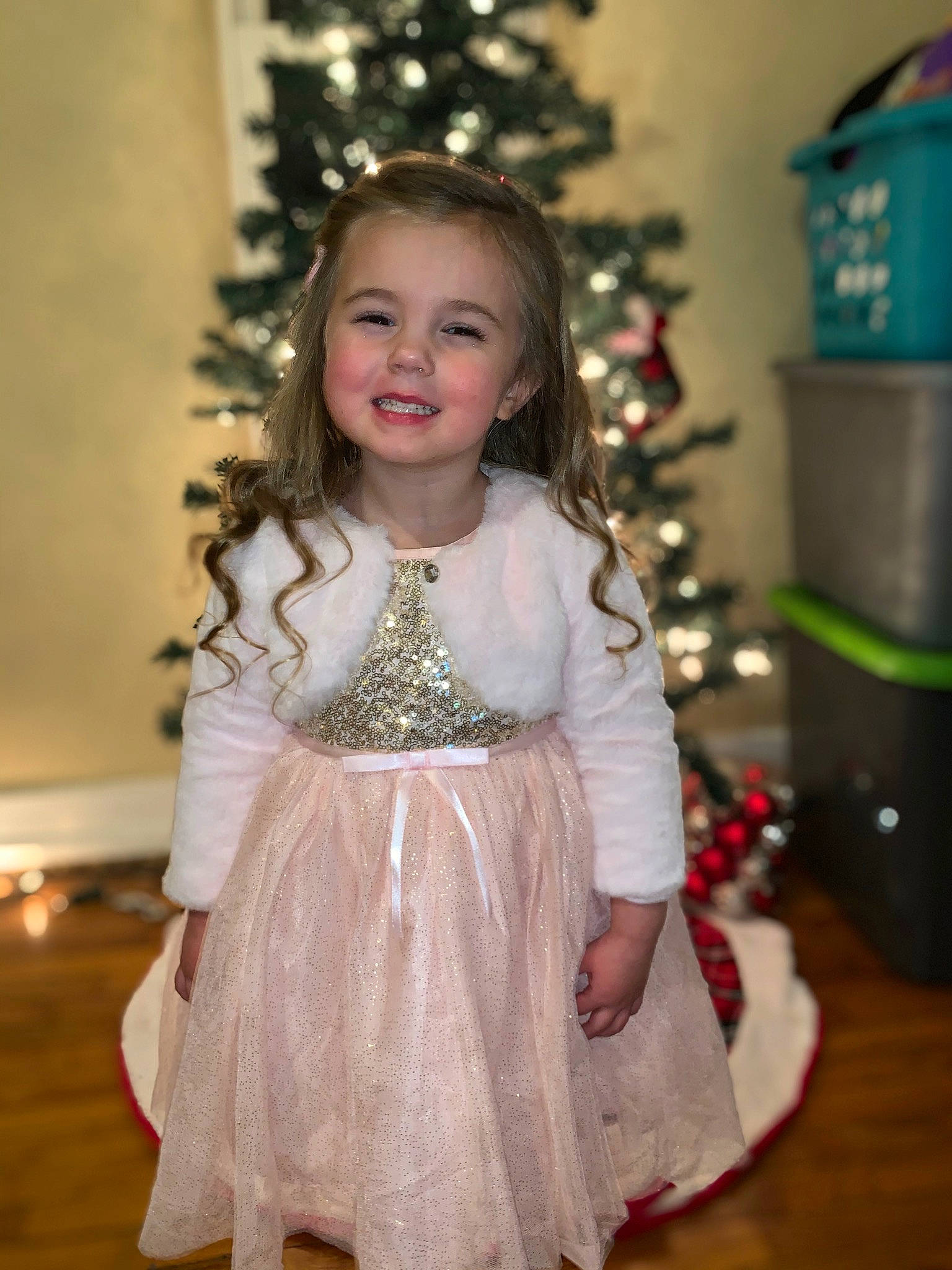 Emrie is registered to the contest to win money with this photo: child, child_model, christmas, christmas_decoration, christmas_eve, christmas_tree, costume, dress, event, formal_wear, happy, head, holiday, interior_design, iris, joy, long_hair, person, smile, standing