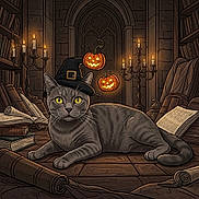 Boogie joined the competition — help win amazing prizes! animal, books, candlelight, candles, cat, cozy, fantasy, gothic, gray_tabby, halloween, illustration, interior, jack_o_lantern, library, magic, mystical, pumpkin, relaxing, scrolls, witch_hat