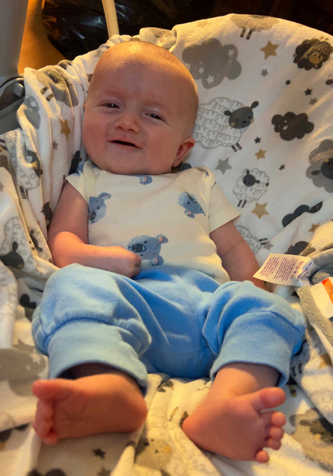 Knox is registered to the contest to win money with this photo: baby, infant, smile, blanket, onesie, blue_pants, feet, face, cute, cozy, patterned_blanket, sheep, koala, indoors, child, person, relaxing, soft_lighting, portrait, happy