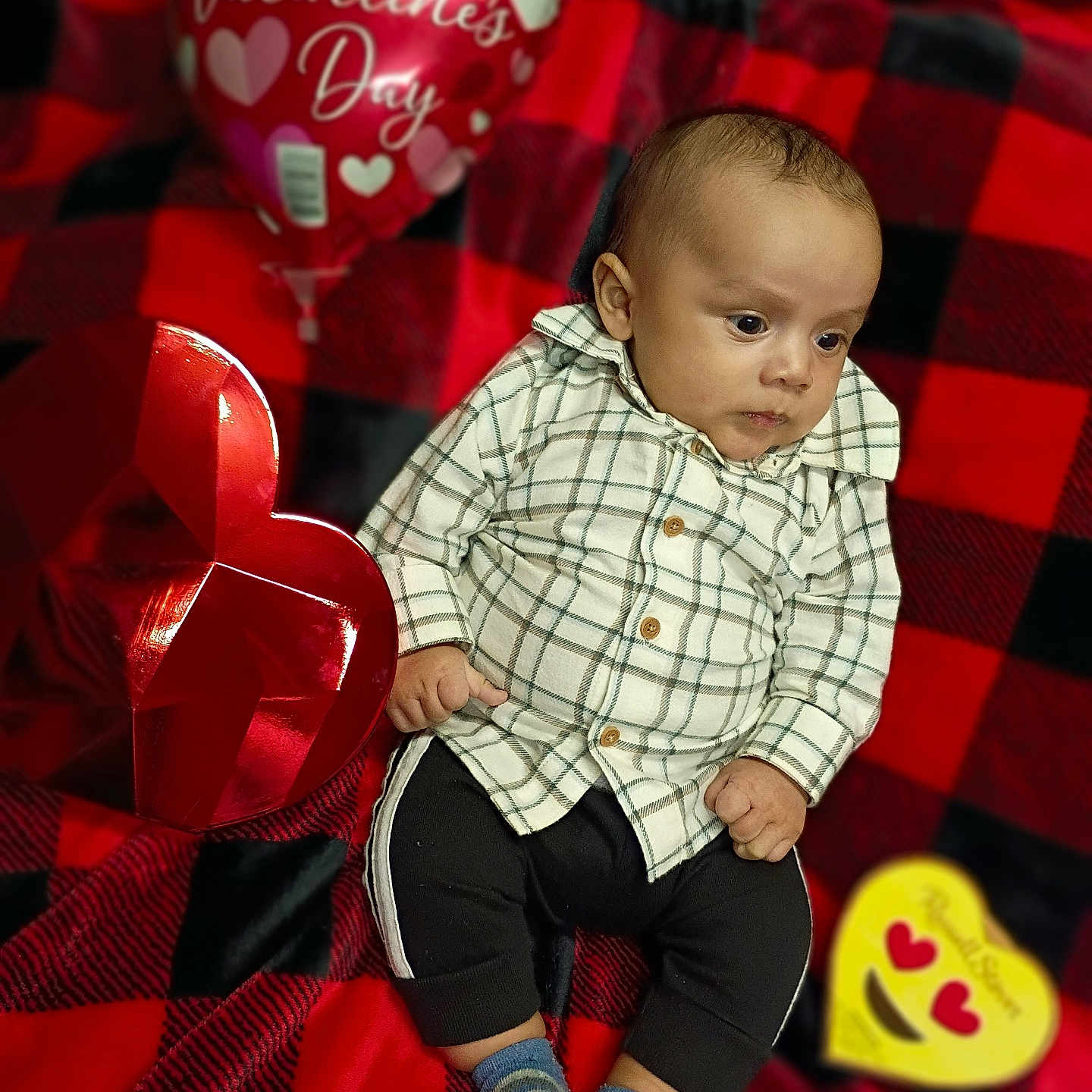 Eli Alexander joined the competition — help win amazing prizes! adorable, baby, black_pants, celebration, checked_shirt, child, cozy, cute, heart_balloon, heart_shaped_box, holiday_prop, infant, love, plaid_blanket, portrait, red_blanket, shirt, sitting, socks, valentine_balloon