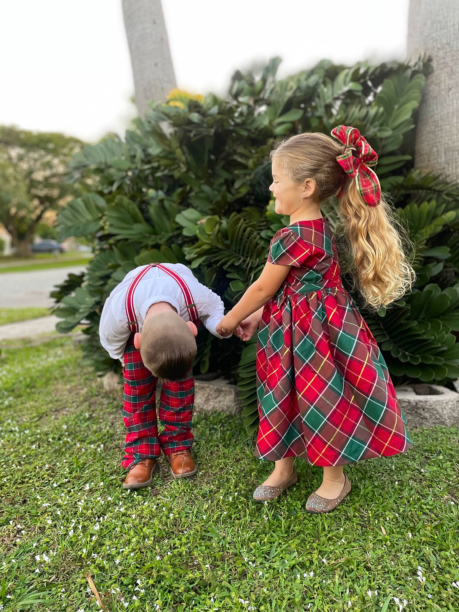 Nathaniel is registered to the contest to win money with this photo: child, dress, event, fun, garden, grass, grassland, holiday, human_body, kilt, lawn, leaf, pattern, people_in_nature, person, plaid, plant, tartan, toddler, tradition
