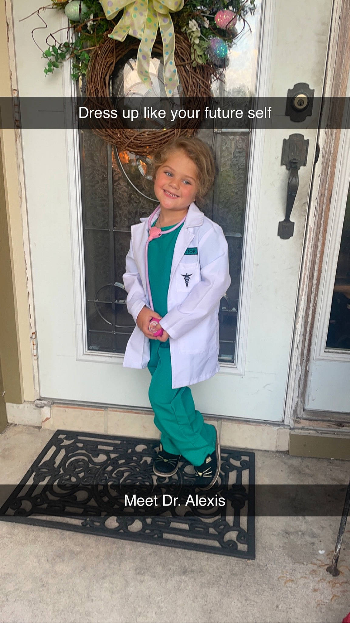 Alexis joined the competition — help win amazing prizes! blazer, child, denim, door, dress_shirt, electric_blue, fashion_design, flooring, formal_wear, hairstyle, joy, pattern, person, room, shoe, sleeve, smile, sportswear, standing, toddler