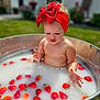 Xayna joined the competition — help win amazing prizes! toddler, child, red_bow, headband, metal_tub, milky_water, strawberries, outdoor, summer, play, water, baby, curious, sitting, garden, sunlight, fruit, skin, cute, expression