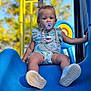 baby, blue, child, cute, daylight, expression, fun, hair, nature, outdoor, pacifier, park, person, playground, romper, shoes, sitting, slide, summer, toy