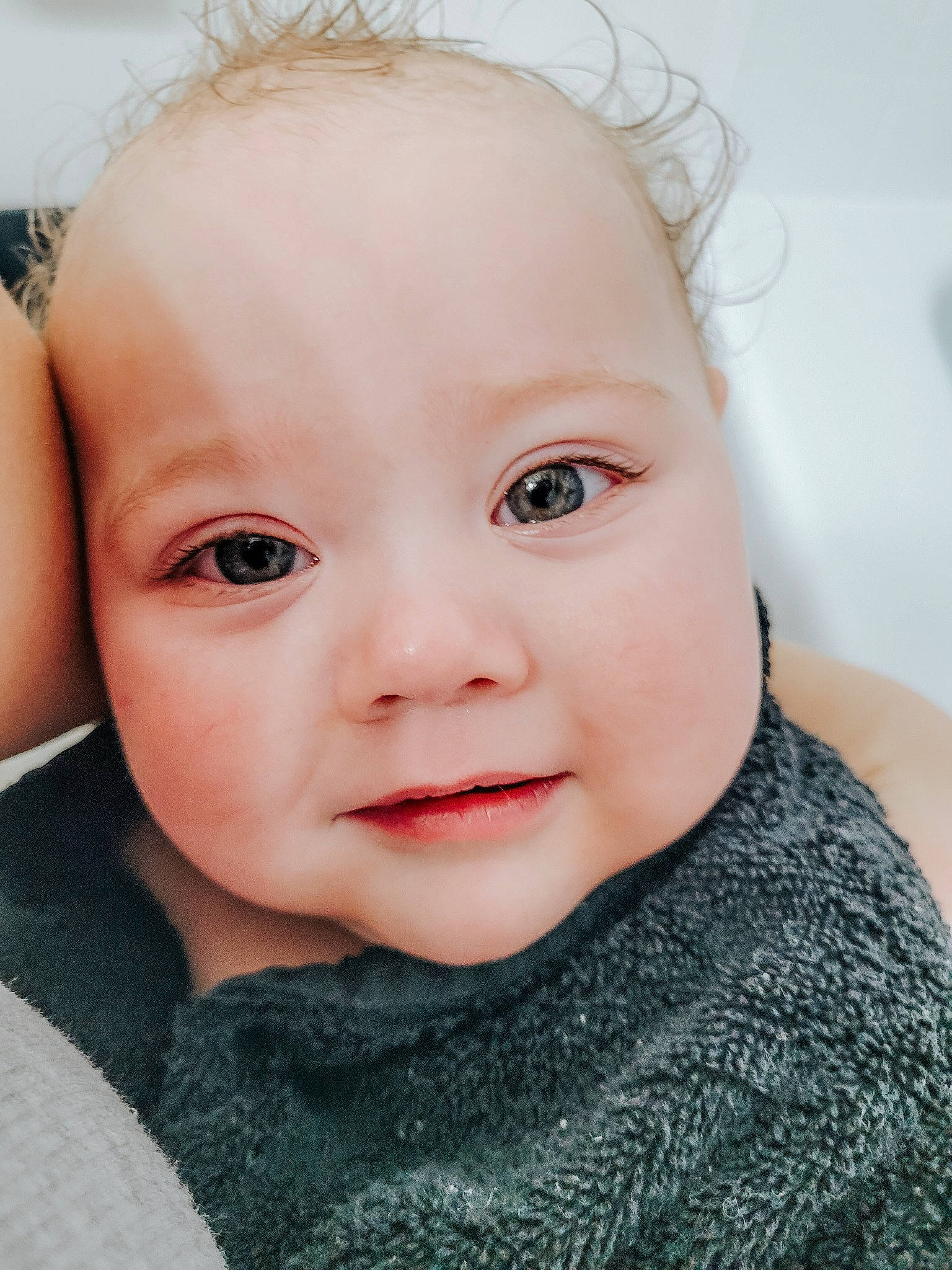 Aubrey is registered to the contest to win money with this photo: baby, baby_toddler_clothing, cheek, child, close_up, ear, eyebrow, eyelash, flash_photography, happy, iris, lip, neck, nose, outerwear, pattern, person, skin, sleeve, toddler