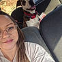 animal, backseat, car, casual_clothing, collar, daylight, dog, friendly, glasses, happy, inside, leash, long_hair, pet, portrait, seat, selfie, smile, sunlight, woman