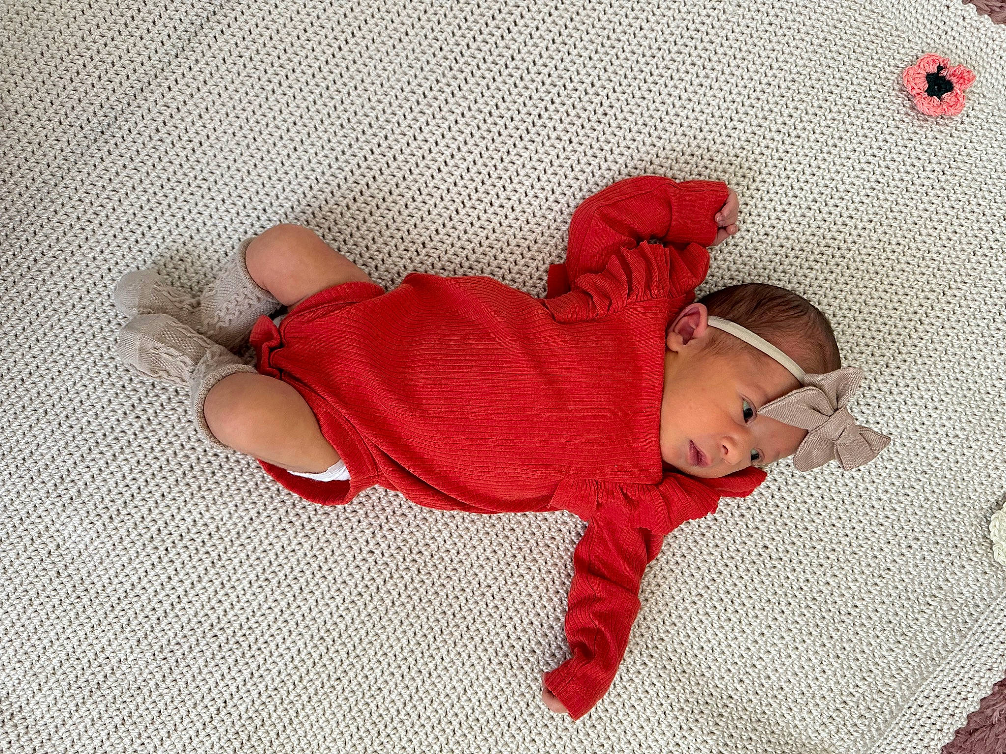 Giavanna joined the competition — help win amazing prizes! baby, baby_sleeping, baby_toddler_clothing, carmine, child, comfort, floor, flooring, foot, happy, headwear, human_leg, linens, pattern, person, room, sleeve, sock, textile, thigh