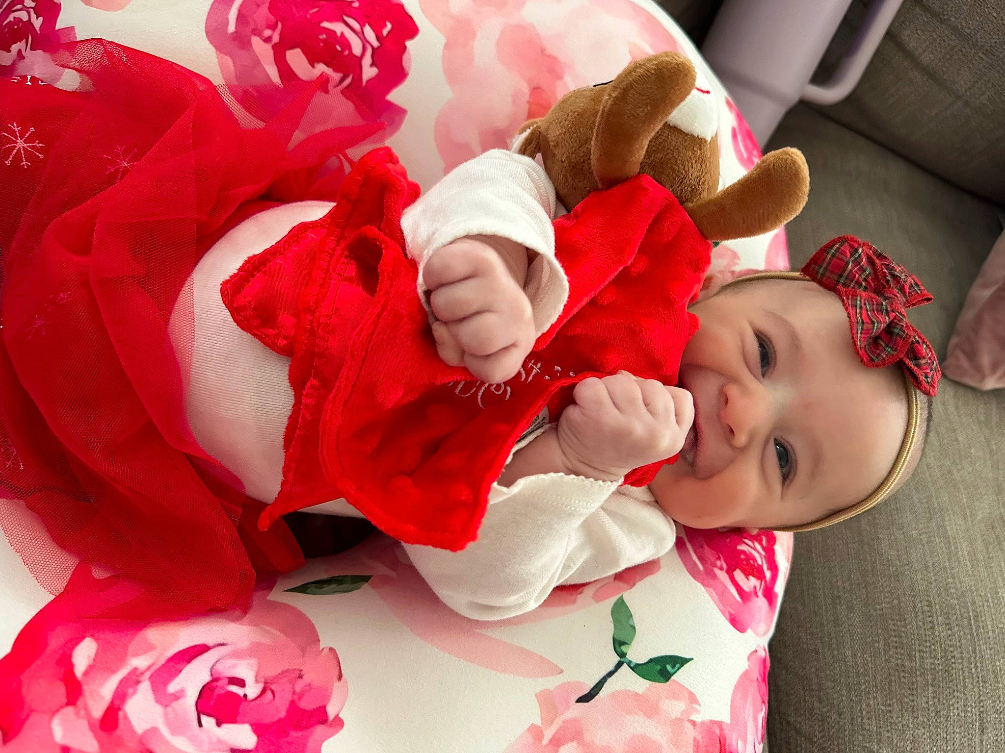 Giavanna is registered to the contest to win money with this photo: baby, baby_toddler_clothing, carmine, child, christmas, christmas_eve, comfort, event, fictional_character, happy, headwear, pattern, person, petal, pink, red, rose, rose_family, rose_order, skin
