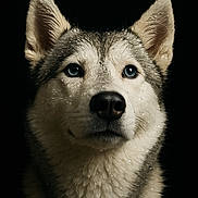 Nala a rejoint le concours — aidez-le/la à gagner de superbes lots ! dog, siberian_husky, wet_fur, blue_eyes, close_up, portrait, animal, canine, fur, water_droplets, black_background, head, face, ears, snout, whiskers, pet, mammal, outdoor, looking_up
