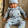 Kaiyan joined the competition — help win amazing prizes! baby, child, infant, blue_clothing, hat, ears, cartoon_characters, couch, textured_fabric, smiling, cute, indoors, comfortable, seated, foot, hand, face, portrait, cozy, playful