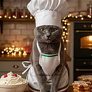 Zoe joined the competition — help win amazing prizes! cat, gray_cat, chef_hat, apron, kitchen, cookies, star_shaped_cookies, sprinkles, whipped_cream, bowl, candy_cane, holiday_baking, festive, countertop, fairy_lights, green_eyes, indoor, pet, cute, portrait