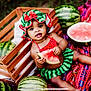 baby, blanket, child, crate, cute, food, fruit, grass, green, hat, nature, outdoor, playful, portrait, red, sitting, snack, summer, toddler, watermelon