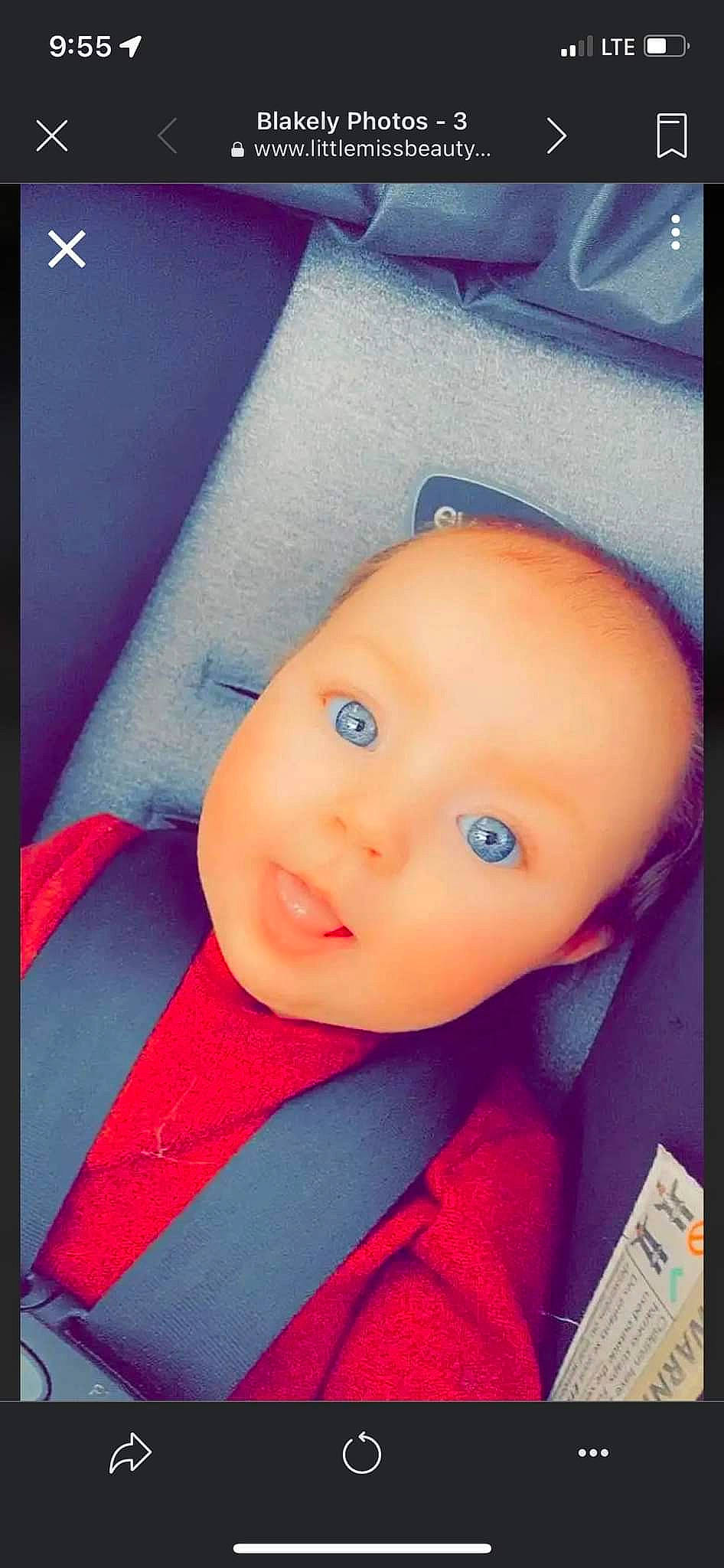 Blakely is registered to the contest to win money with this photo: baby, cap, car_seat, cheek, chin, electric_blue, electronic_device, eye, eyebrow, eyelash, happy, head, iris, lip, magenta, nose, person, picture_frame, pink, selfie