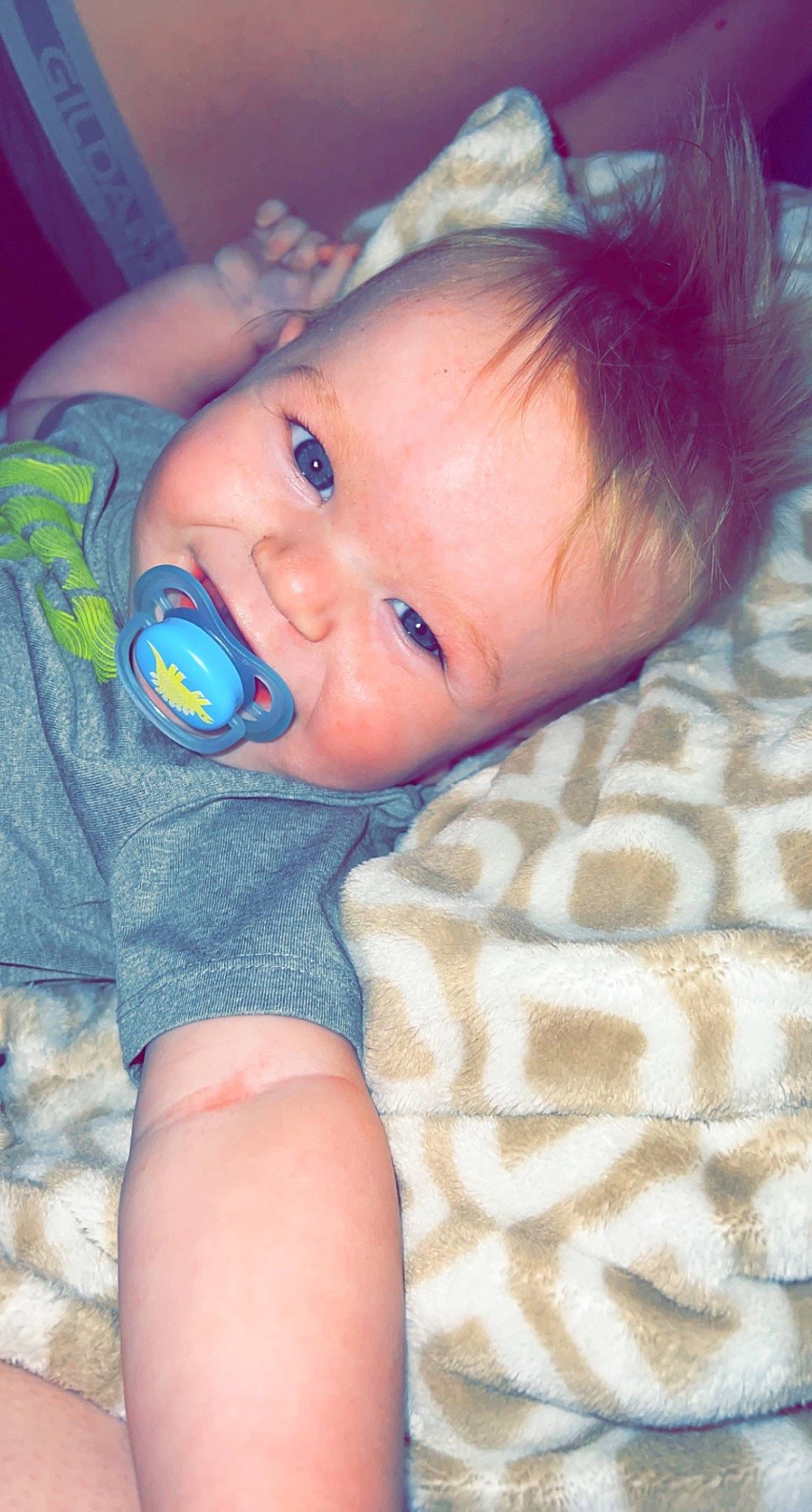 Wyatt is registered to the contest to win money with this photo: azure, baby, baby_toddler_clothing, cheek, child, chin, comfort, cool, eye, eyebrow, happy, iris, lip, mouth, nose, person, skin, sleeve, smile, textile