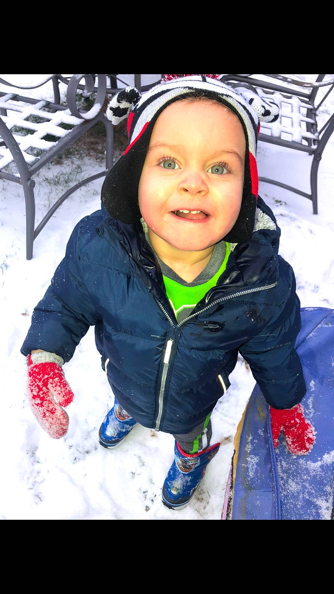 Noah joined the competition — help win amazing prizes! cheek, child, cool, freezing, fun, headwear, outerwear, person, play, playing_in_the_snow, skin, smile, snow, toddler, winter