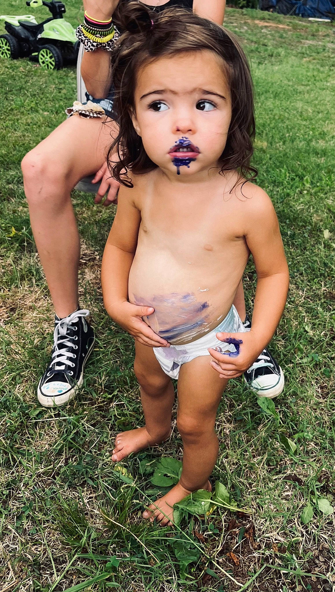 Jolene is registered to the contest to win money with this photo: abdomen, baby, barechested, barefoot, chest, child, eye, fun, grass, happy, human_leg, leisure, muscle, navel, people_in_nature, person, plant, thigh, thumb, toddler