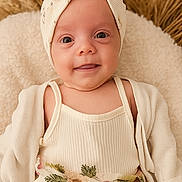 Emy participe au concours pour gagner de l'argent avec cette photo : baby, infant, headband, bow, smile, cream_color, flower_belt, soft_texture, blanket, cute, child, portrait, happy, cozy, fashion, clothing, closeup, person, young, laying_down