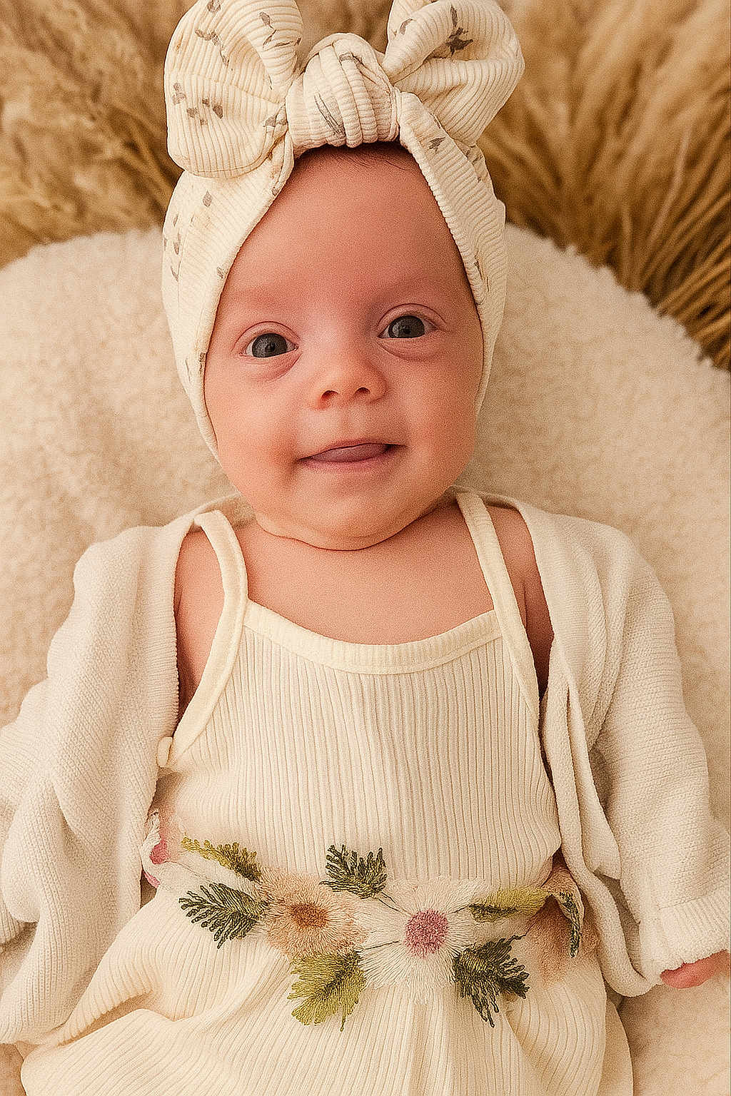 Emy participe au concours pour gagner de l'argent avec cette photo : baby, infant, headband, bow, smile, cream_color, flower_belt, soft_texture, blanket, cute, child, portrait, happy, cozy, fashion, clothing, closeup, person, young, laying_down