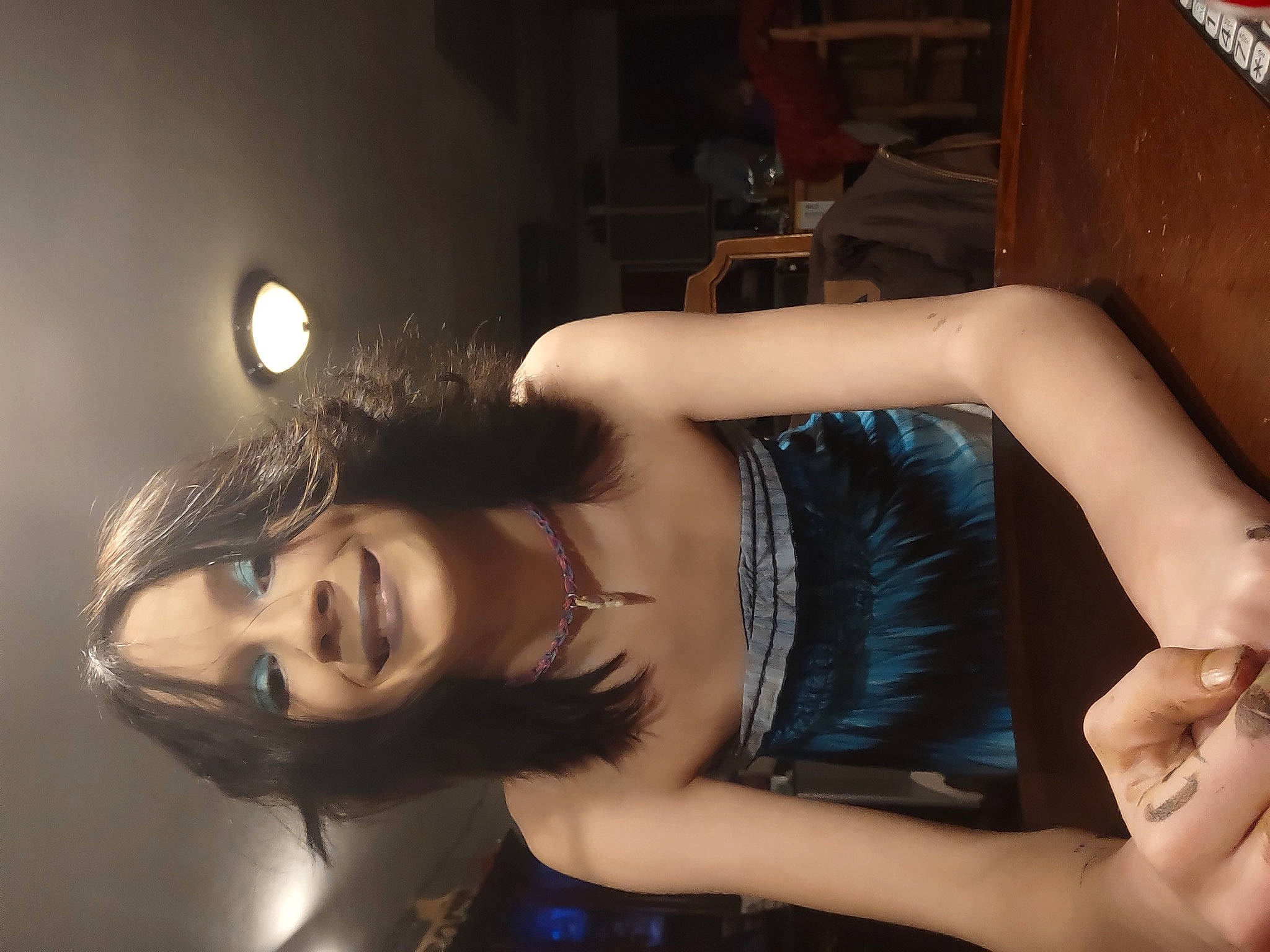 Haley is registered to the contest to win money with this photo: art_model, black_hair, brown_hair, chest, cool, elbow, eyelash, eyewear, flash_photography, hairstyle, human_leg, joy, lip, long_hair, mouth, neck, person, shoulder, smile, thigh