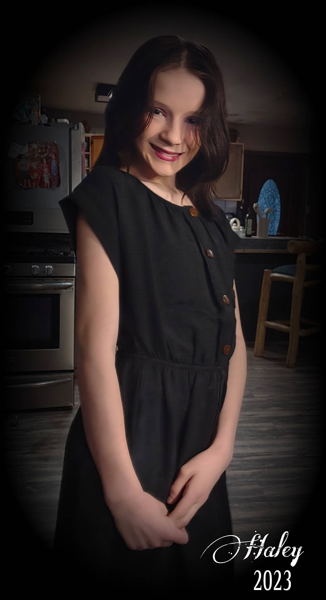 Haley joined the competition — help win amazing prizes! arm, black_hair, cabinetry, chest, darkness, day_dress, fashion_design, flash_photography, formal_wear, jewellery, joy, kitchen_appliance, little_black_dress, long_hair, neck, one_piece_garment, person, sleeve, smile, t_shirt