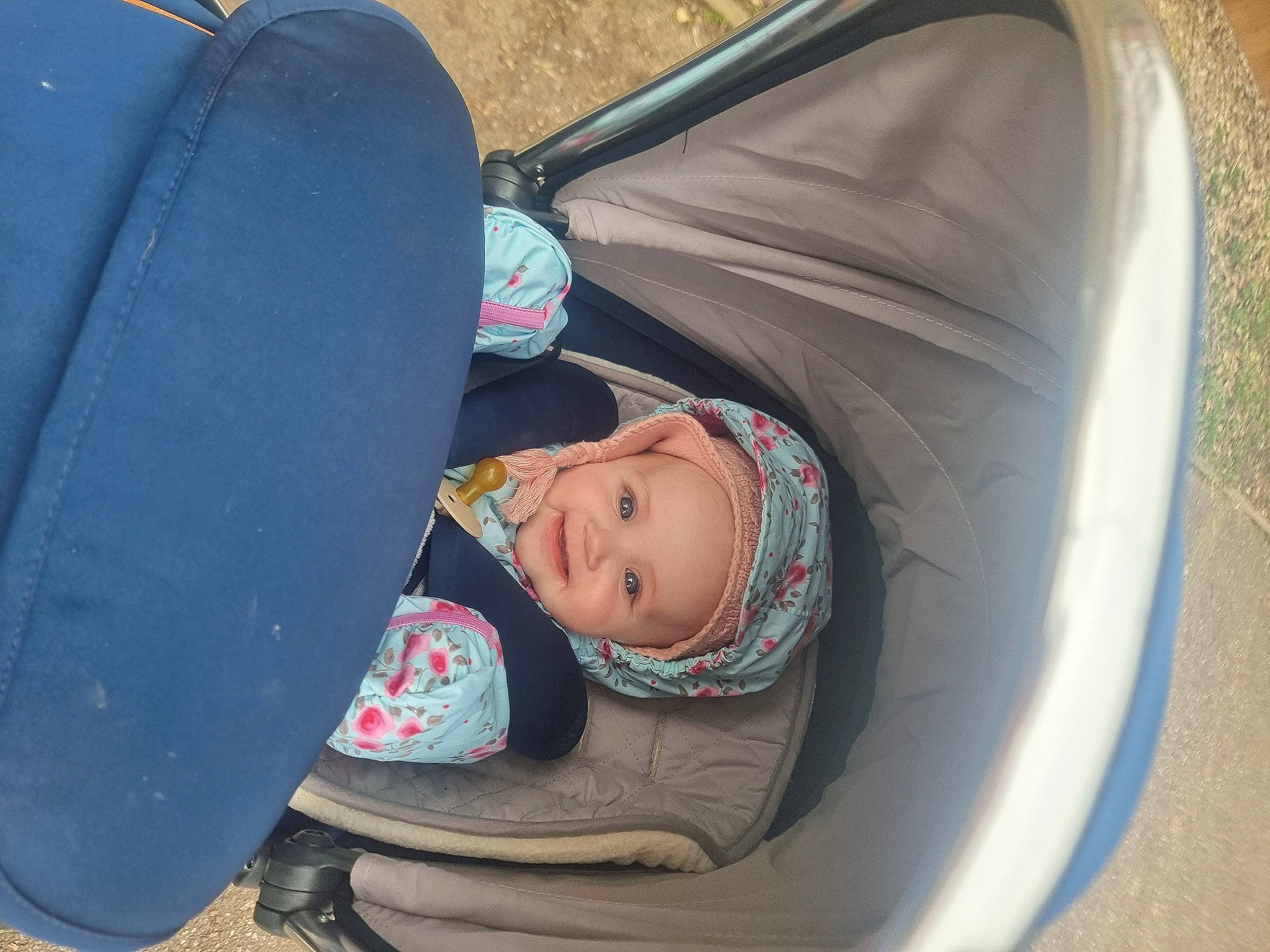 Imogen is registered to the contest to win money with this photo: auto_part, baby, baby_carriage, baby_products, baby_safety, baby_toddler_clothing, car_seat, child, comfort, electric_blue, fun, headwear, joy, person, product, sitting, tints_and_shades, toddler, travel, tree