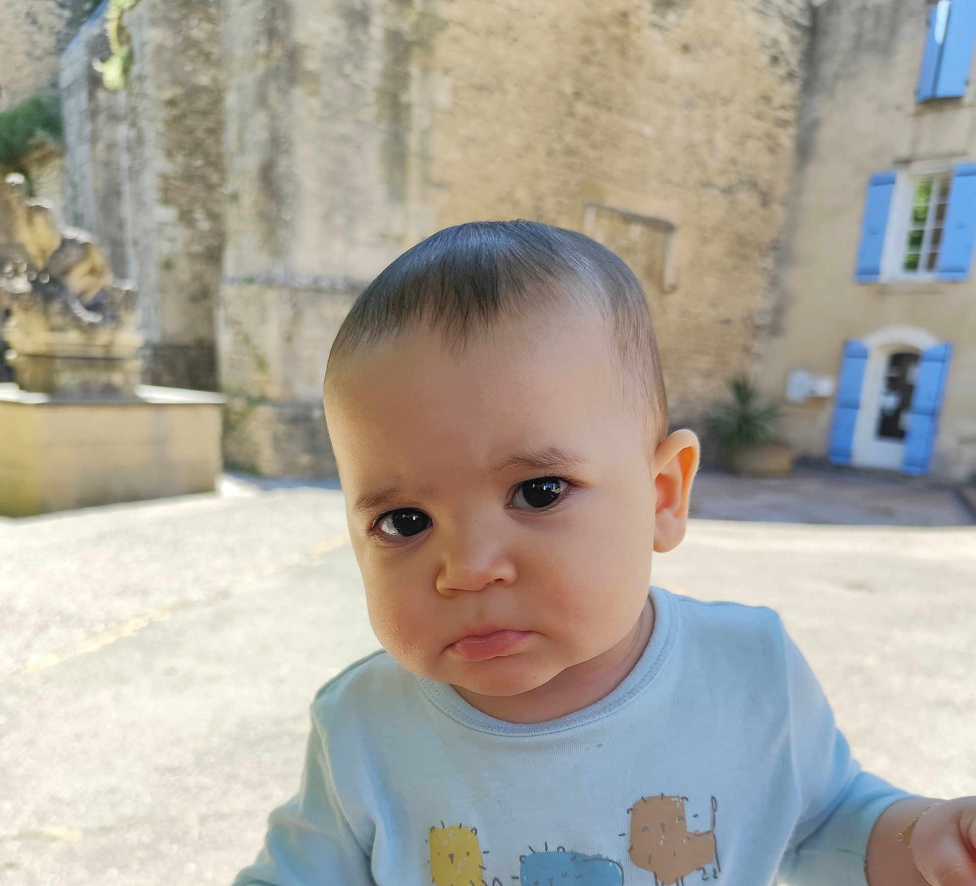 Nathaniel participe au concours pour gagner de l'argent avec cette photo : baby, child, face, outdoor, expression, pout, shirt, building, window, stone_wall, blue_shutters, person, portrait, daylight, cute, infant, casual_clothing, curious, young, head