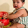 Emilio joined the competition — help win amazing prizes! baby, child, curly_hair, striped_clothing, fruit_cake, red_fruit, juice, messy, sitting, playing, hands, face, fingers, floor, indoor, cute, chubby, food, celebration, curious