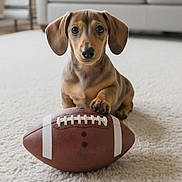 Peanut joined the competition — help win amazing prizes! dog, puppy, dachshund, football, carpet, indoor, pet, animal, cute, brown, paw, living_room, furniture, cozy, small_dog, looking_at_camera, adorable, home, floor, playful