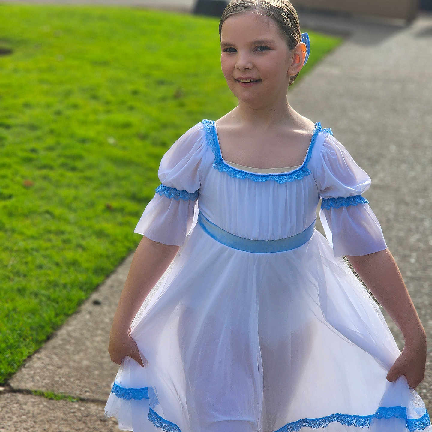 Abigail joined the competition — help win amazing prizes! blouse, car, child, clothing, dress, eveningdress, face, female, formalwear, girl, grass, head, lawn, machine, person, photography, plant, portrait, transportation, vehicle