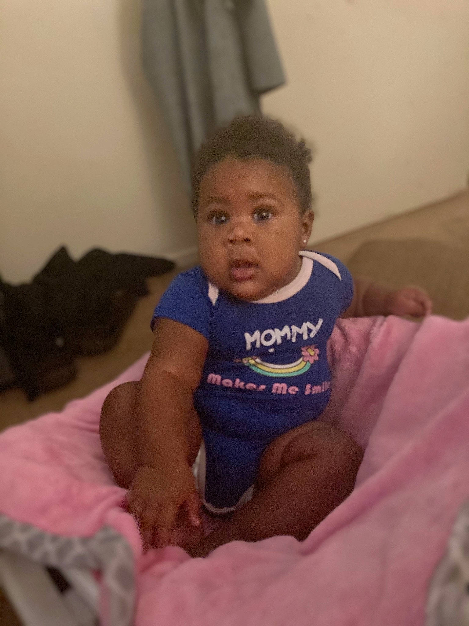 Kennedi is registered to the contest to win money with this photo: arm, baby, baby_toddler_clothing, cheek, comfort, curtain, elbow, eye, face, finger, head, iris, leg, mouth, neck, person, skin, thigh, thumb, toddler