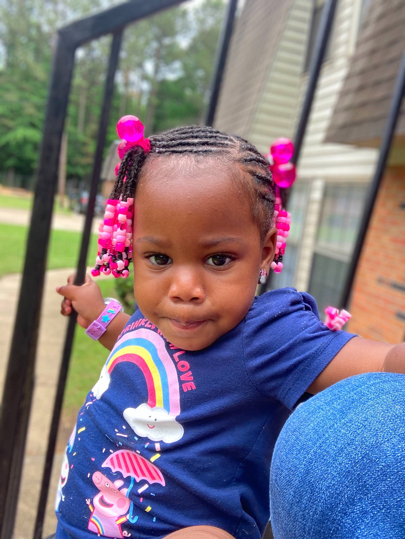 Brooklyn is registered to the contest to win money with this photo: audio_equipment, black_hair, child, fun, grass, happy, headband, iris, jewellery, leisure, lip, magenta, person, pink, plant, recreation, t_shirt, temple, toddler, tradition